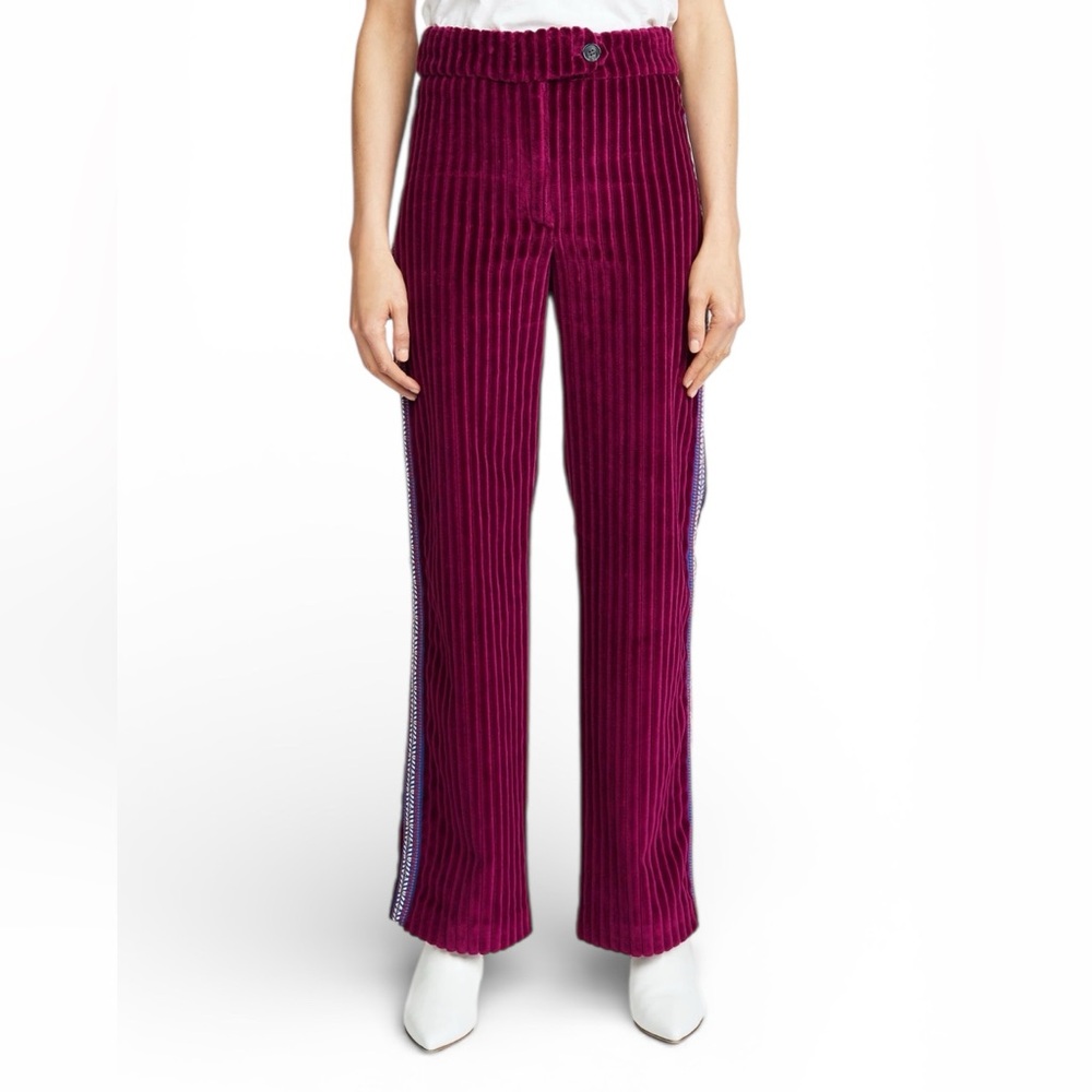 Mira Mikati Velvet Wine Cord Wide High Rise Embroidered Stripe Pants 4